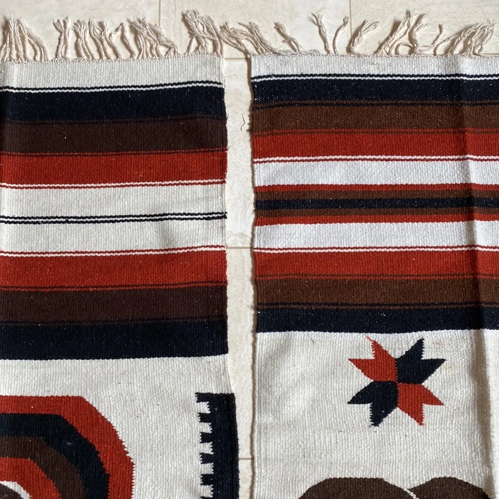 Vintage Aztec God Handwoven Wool 2 Coordinating Mexican Rug, Tapestry or Blanket